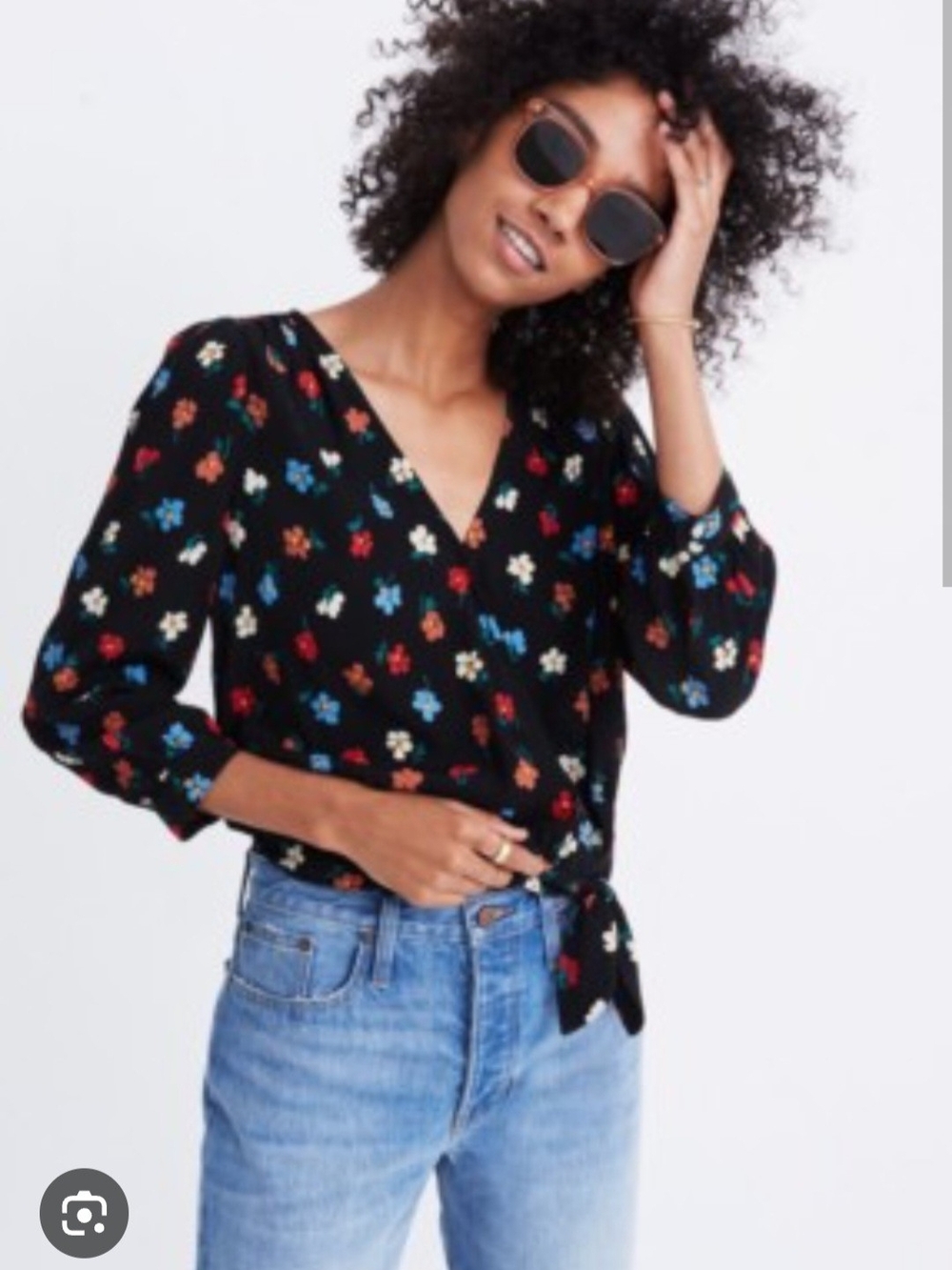 Madewell Pressed Flowers Black Floral Wrap Top | XXS